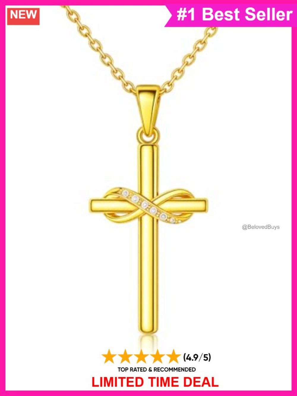 14K Gold Cross Necklace Infinity Pendant Adjustable Chain Women